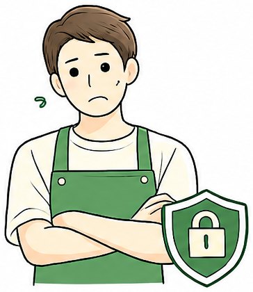 腕組みして不安そうな店主と鍵のかかった盾のイラスト